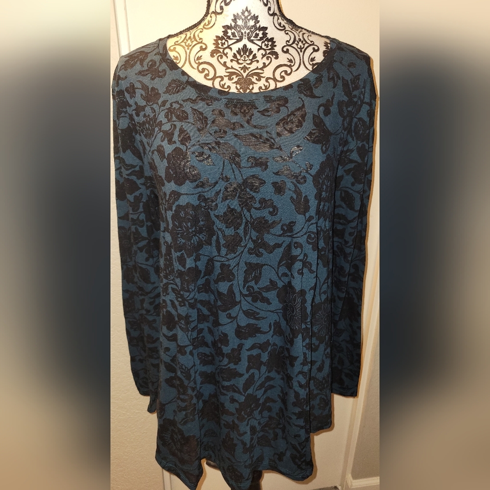 Peruvian Connection Teal Blue Long Sleeve Sheer Tunic Top sz M/L